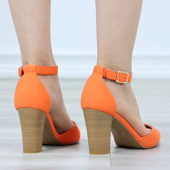 Pointed Toe Block Heel High Heel Stiletto Shoes Orange Nubuck - Picture 6 of 13